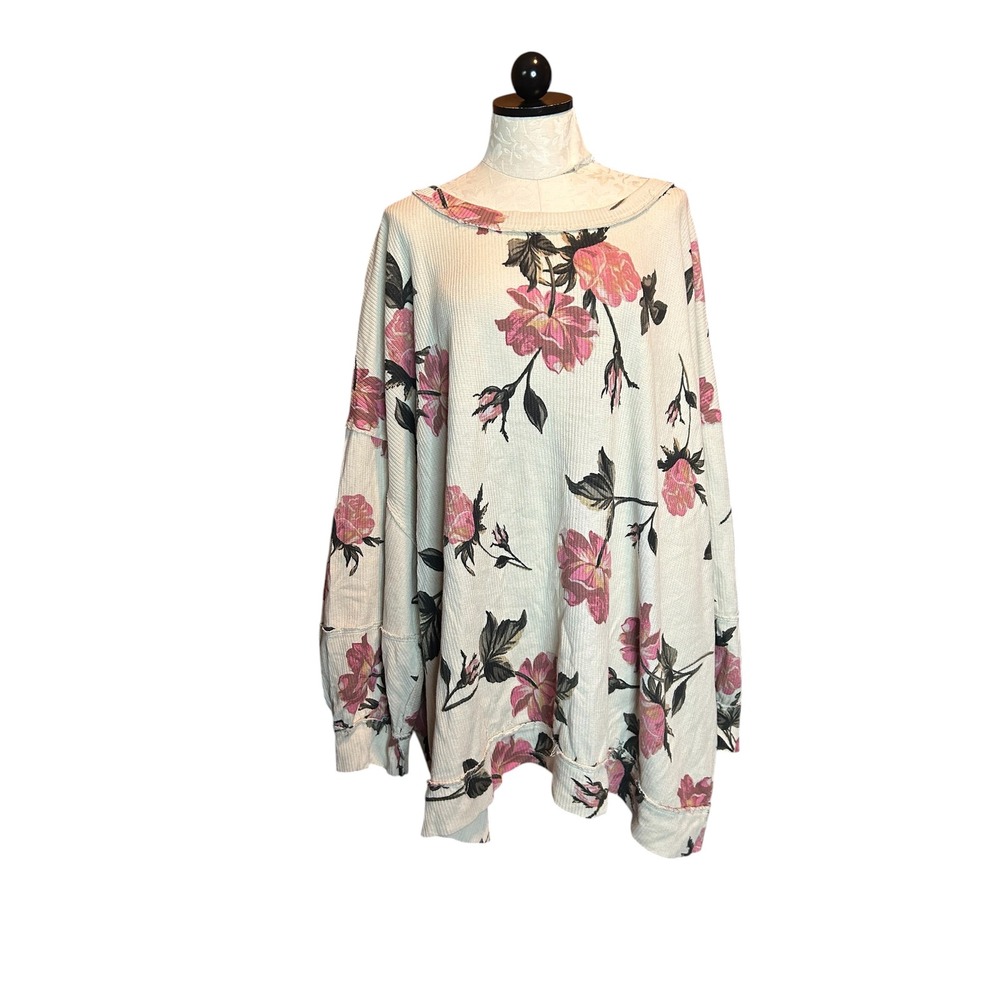 Torrid Floral Boho Waffle Knit Thermal Top Pink Rose Cream Plus Size 5 (5X)